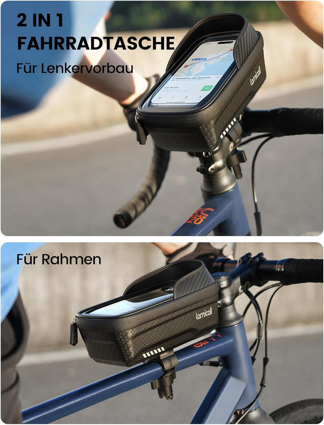 Lamicall 2-IN-1 Fahrradtasche Rahmen, Rahmentasche Fahrrad - [1S Schnellspanner] wasserdichte Lenker
