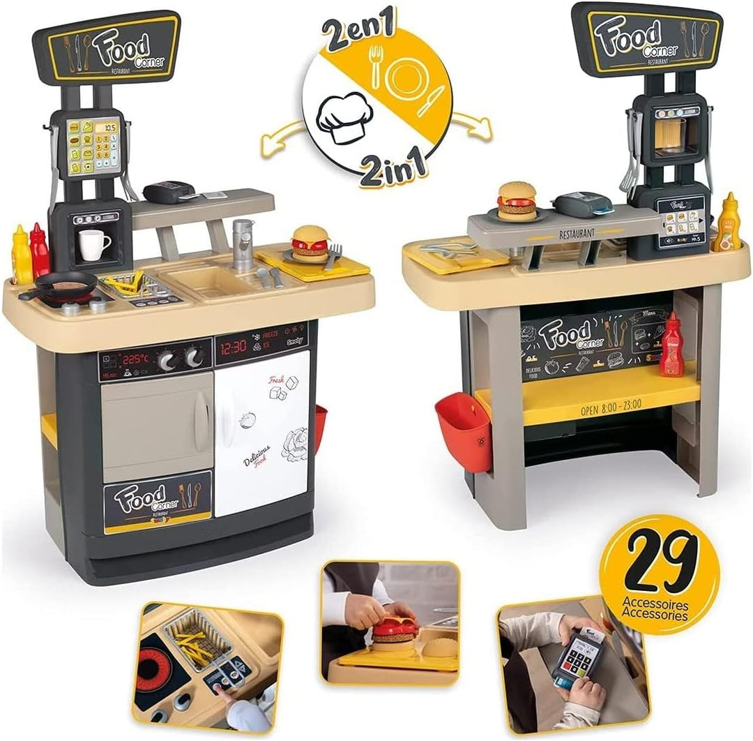Smoby - Food Corner - 2-in-1 Spielküche und Kinderrestaurant, kompakt und rundum bespielbar, mit 29