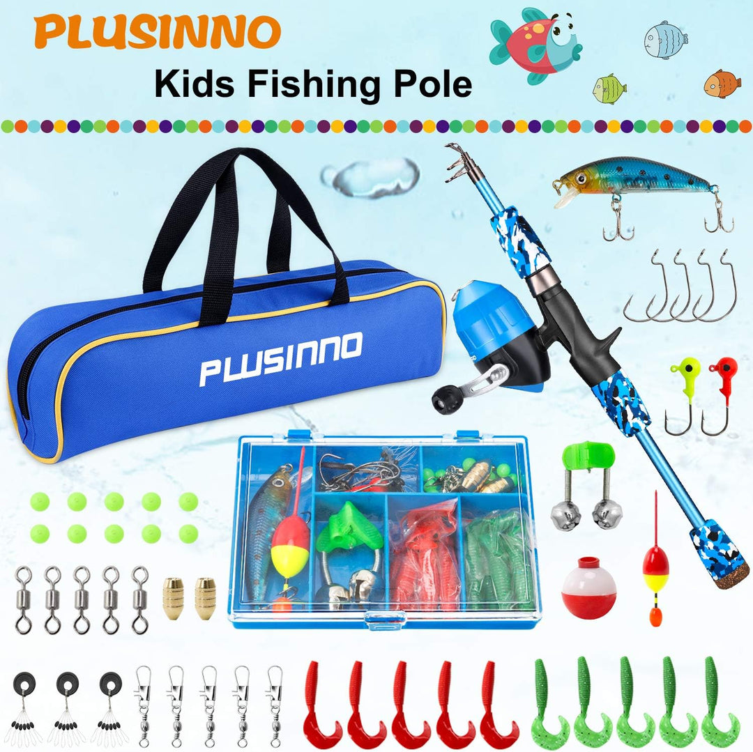 PLUSINNO Angel Set für Kinder,Angelset Kinder,Angelrute Set Kinder mit Angelrolle und Köder Set Blau