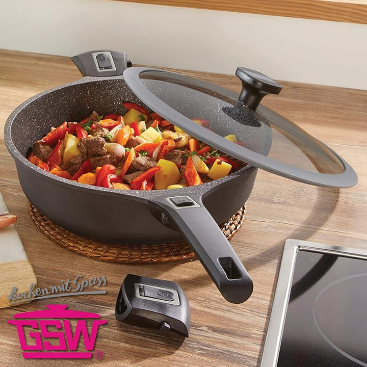 GSW 167833 Schmorpfanne Easy Click 28cm mit Glasdeckel 5-tlg. und abnehmbaren Griffen, Aluminium, Ku