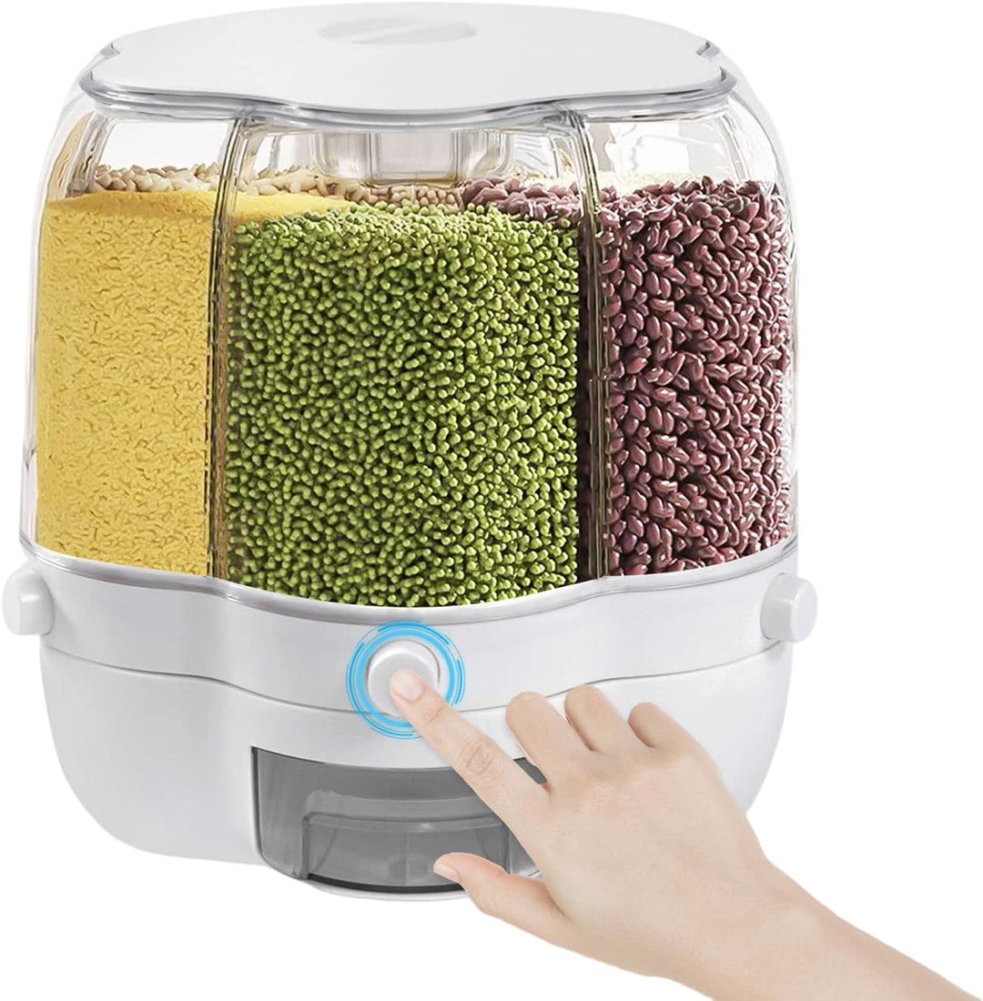 6 IN 1 Getreidespender 8KG 360°Drehung Müslispender Küche Geteilte Trockenfutterbehälter Luftdicht L