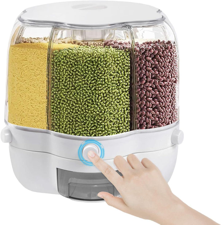6 IN 1 Getreidespender 8KG 360°Drehung Müslispender Küche Geteilte Trockenfutterbehälter Luftdicht L