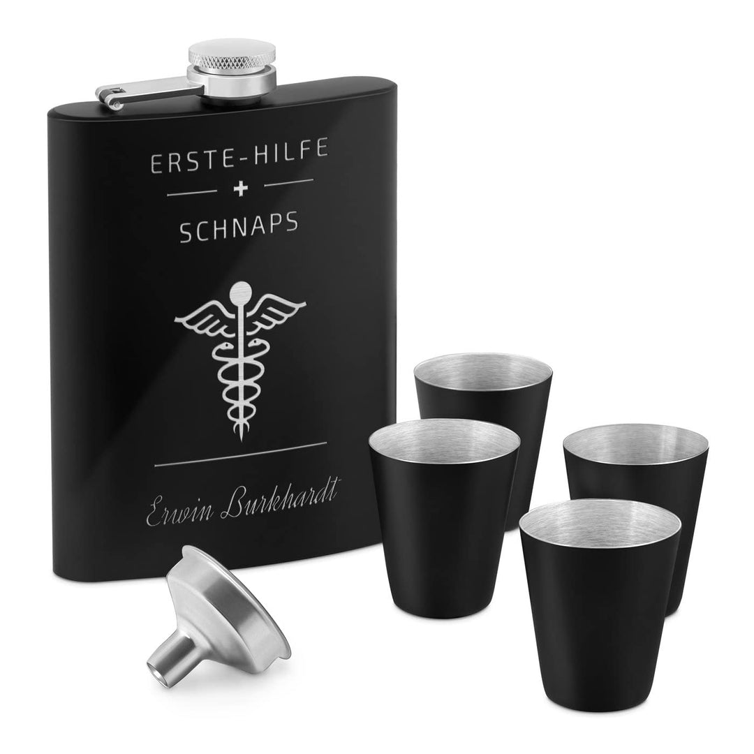 Maverton Flachmann Set 200 ml mit Gravur - Taschenflasche + 4 Schnapsgläsern 20 ml mit Trichter - Br
