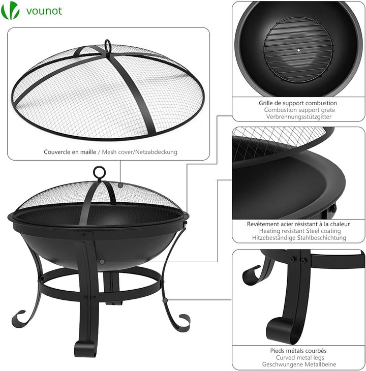 VOUNOT Feuerschale mit Funkenschutz, Feuerkorb Feuerstelle für Heizung, Garten, Camping, Terrasse, Ø