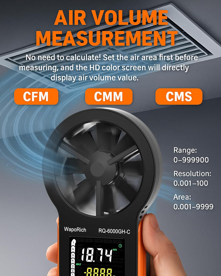 CFM Anemometer Windmesser mit Touchscreen, WapoRich Wiederaufladbares Luftstrommessgerät 0~999900 CF