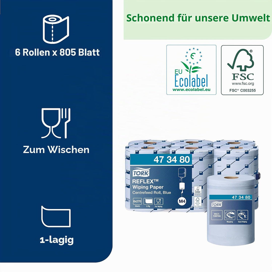 Tork 473480 Reflex Mehrzweck Papierwischtücher für M4 Innenabrollung Reflex System / 1-lagige Putztu