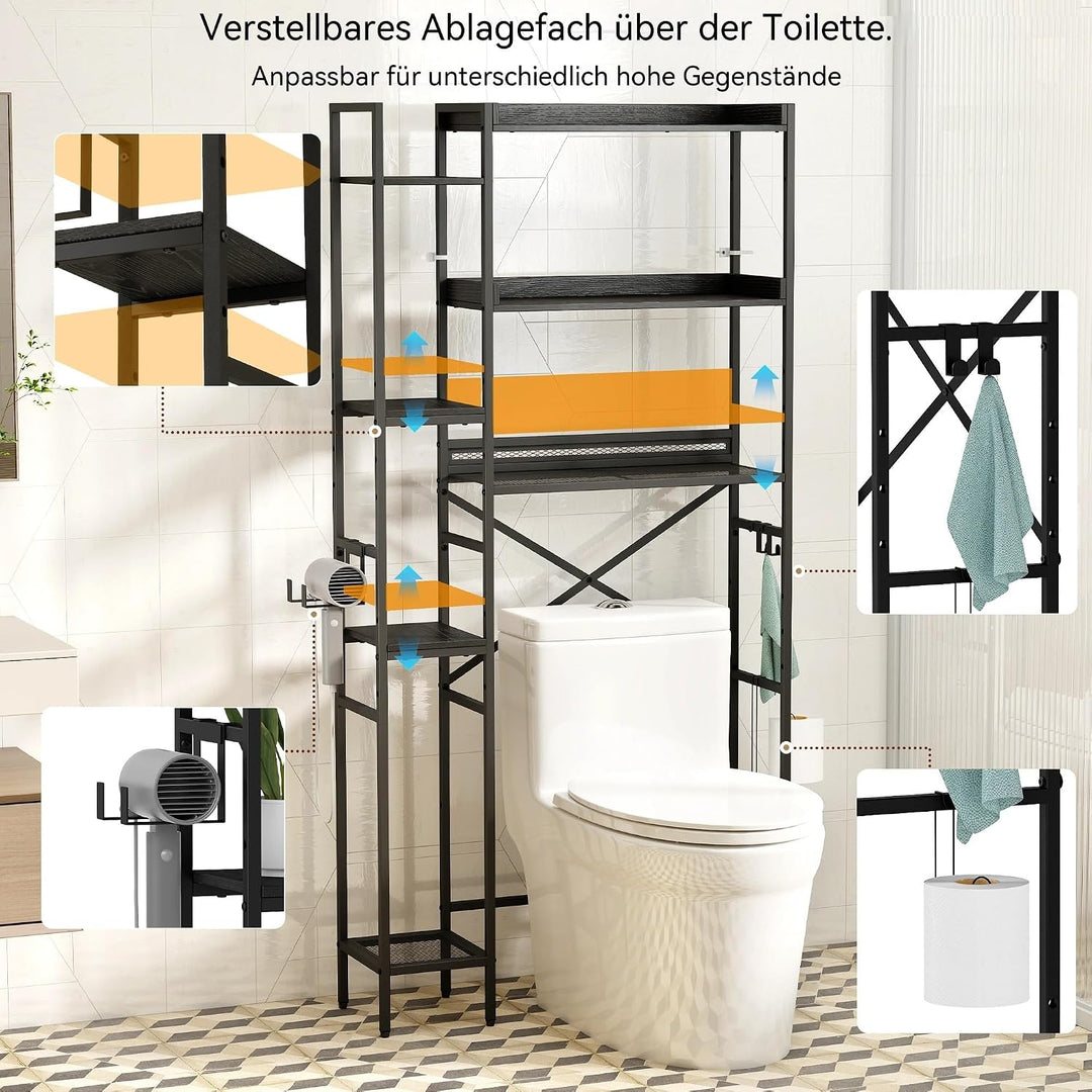 7-Ebenen Toilettenregal Einfache Montage für Badezimmer, Schwarz | Wasserdicht, Rostfrei, Ohne Bohre