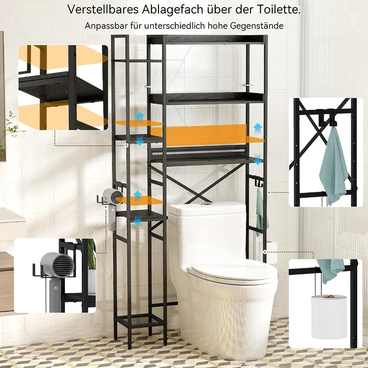 7-Ebenen Toilettenregal Einfache Montage für Badezimmer, Schwarz | Wasserdicht, Rostfrei, Ohne Bohre