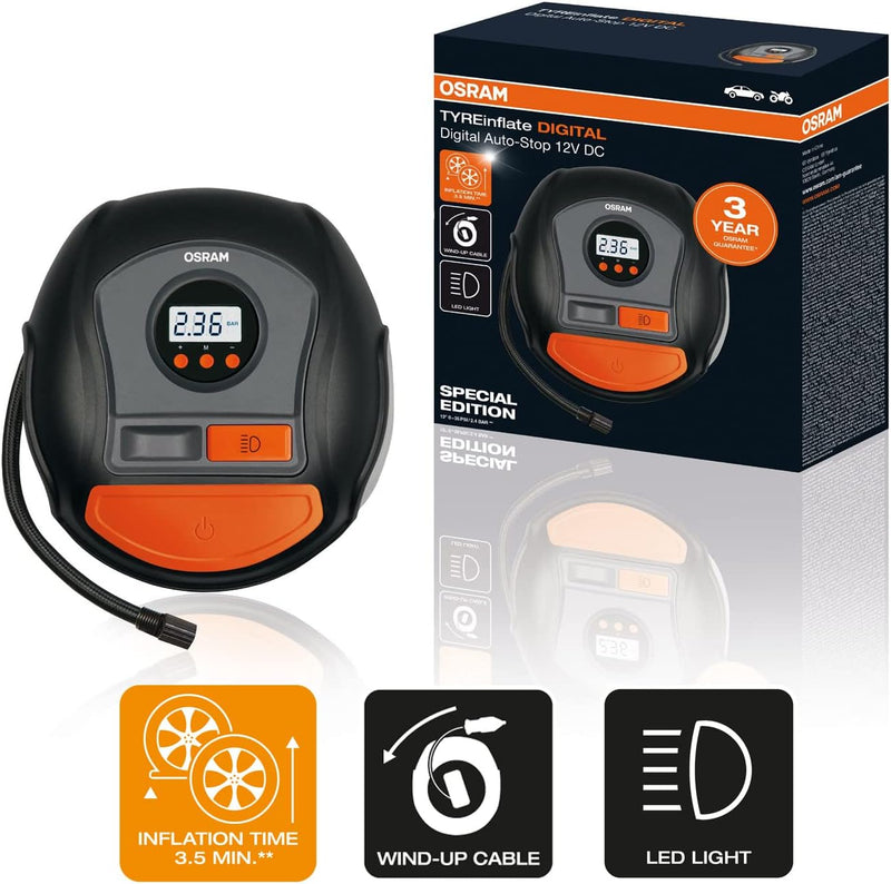 OSRAM TYREinflate DIGITAL, 12V Luftkompressor, tragbarer Kompressor, Auto-Stopp, LED Licht, elektris