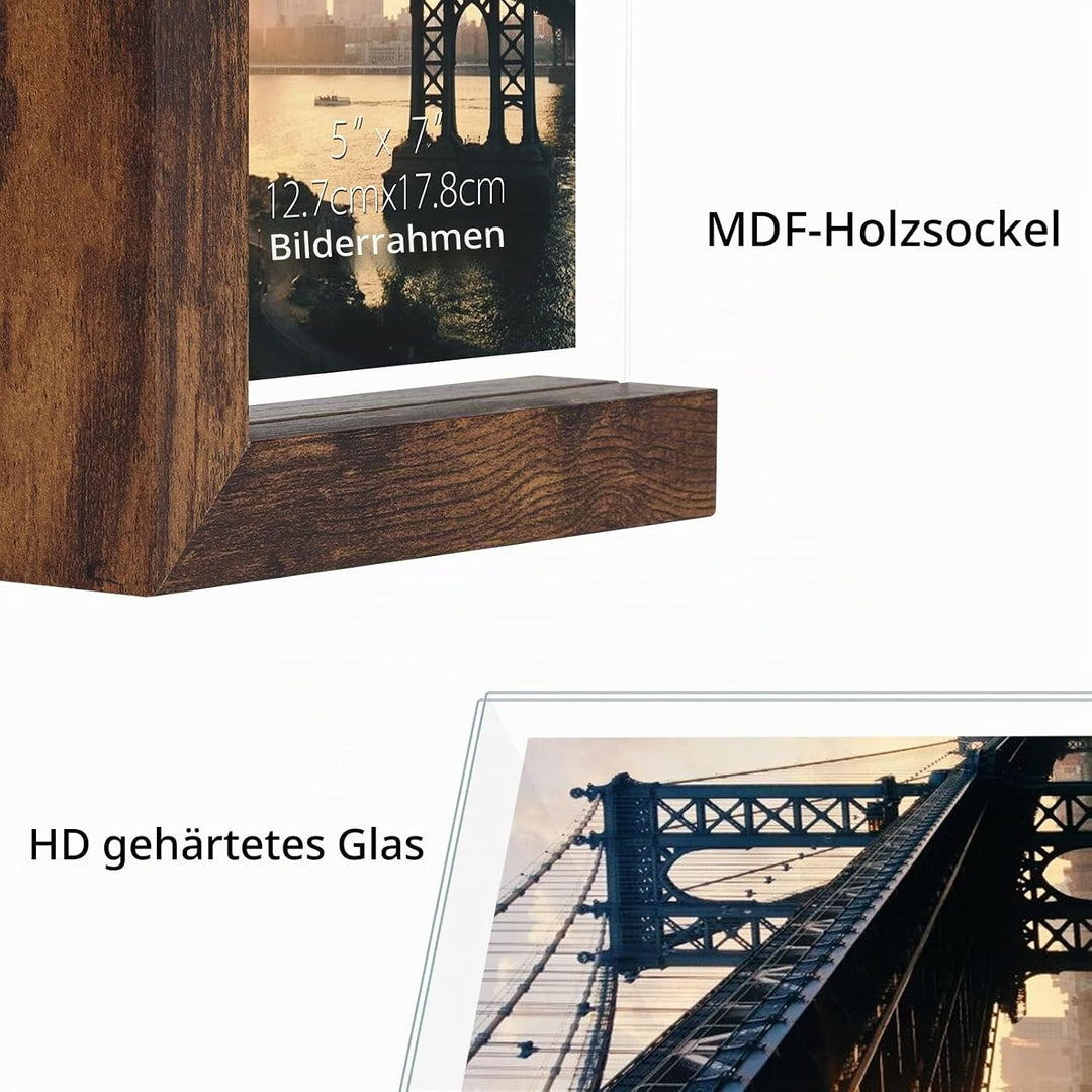 RLAVBL 2er Set Bilderrahmen 13x18 cm, Doppelseitiger Glasbilderrahmen mit L-förmigem MDF-Sockel, für