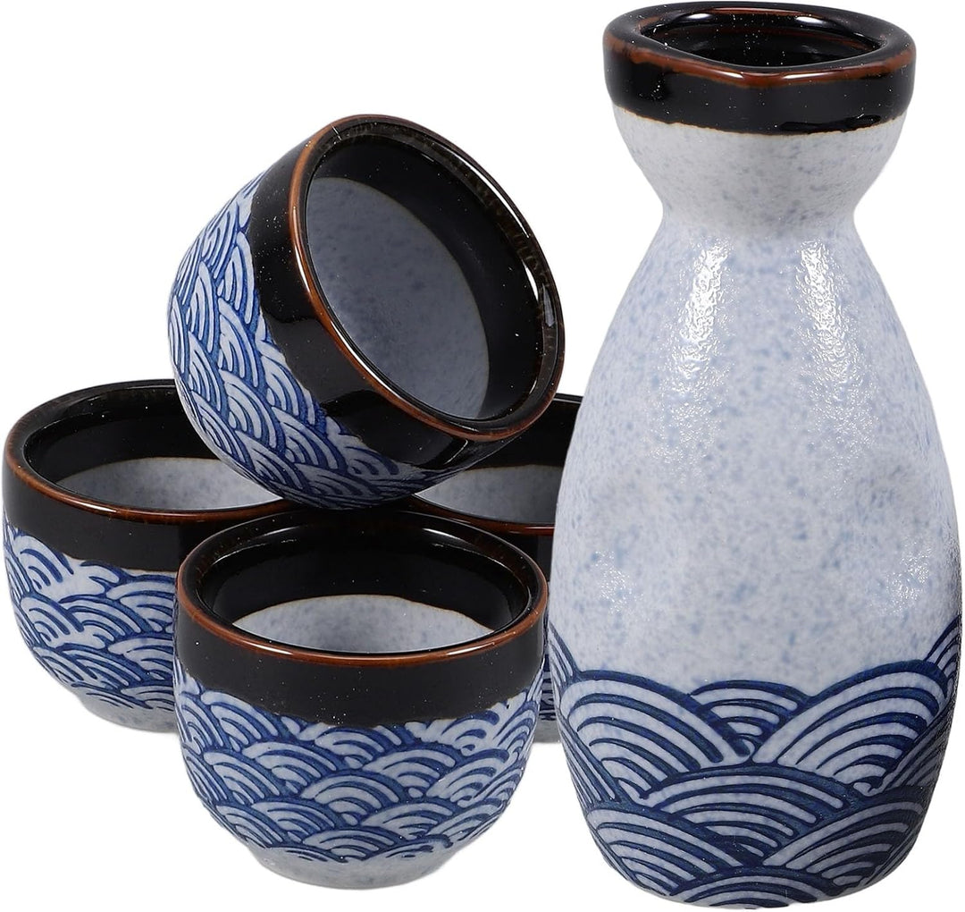 HEMOTON Keramik Sake Set Japanische Sake Flasche Und Vier Ochoko Tassen Glasiert Sea Ripple Sake für