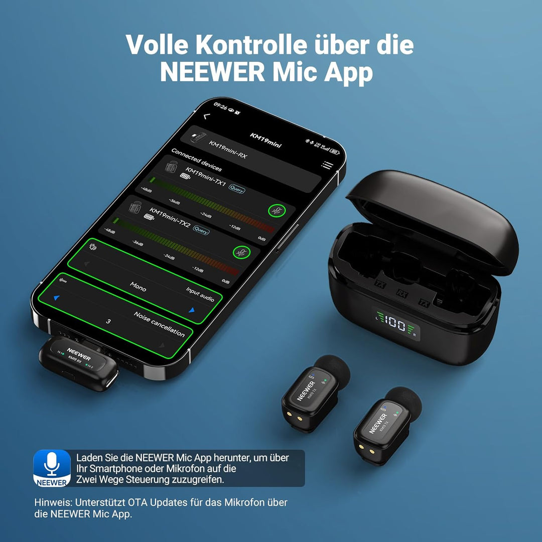 NEEWER KM19 drahtloses Lavalier Mikrofon, 48kHz/24 Bit, 30h Akkulaufzeit, 3 stufige Geräuschunterdrü