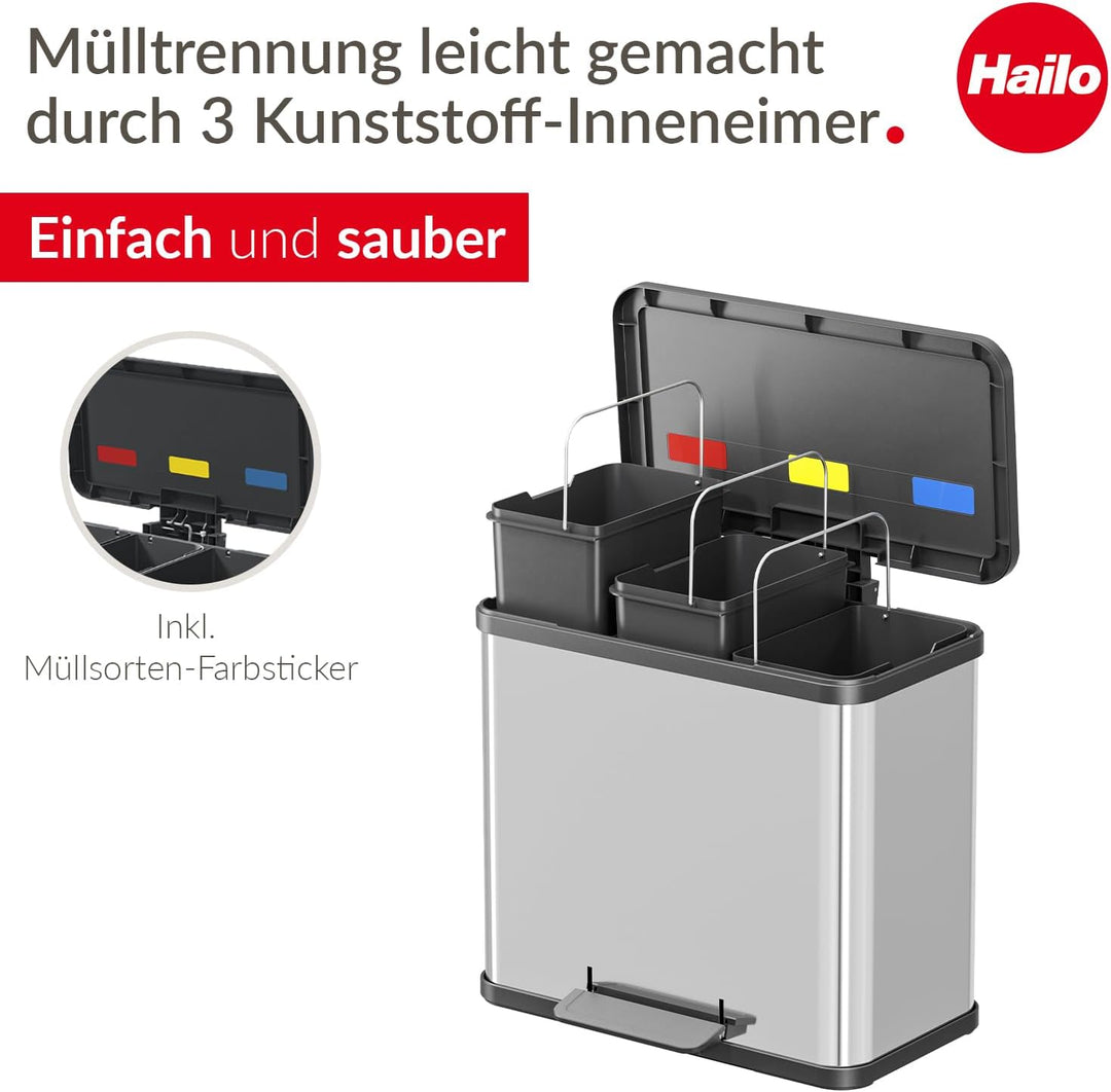 Hailo Öko trio Plus L | Mülltrenner 3 x 9 Liter | 27 Liter | Edelstahl | Soft Close Deckeldämpfung |