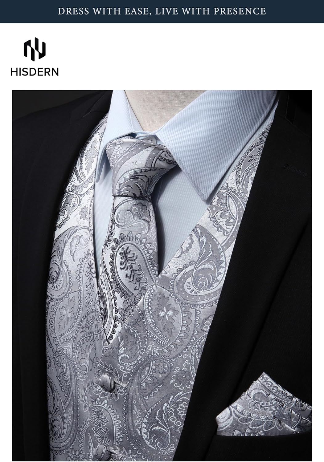 HISDERN Herren FLoral Hochzeit Weste Krawatte Einstecktuch Taschentuch Jacquard Weste Anzug Set M Gr