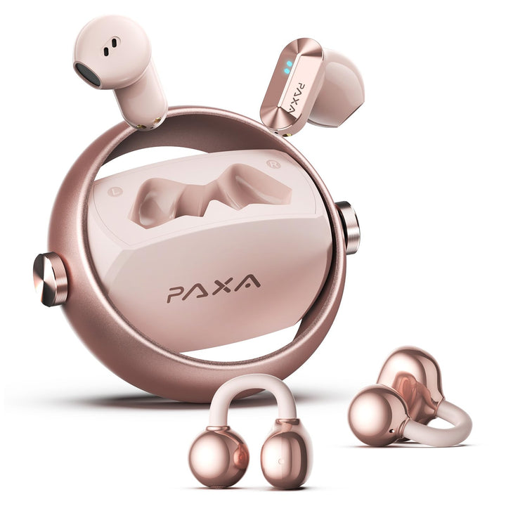 PAXA 2-in-1 Doppel-Set Clip On Kopfhörer Open Ear Kopfhörer Bluetooth 6.0 0ms Verzögerung, 140H Spie