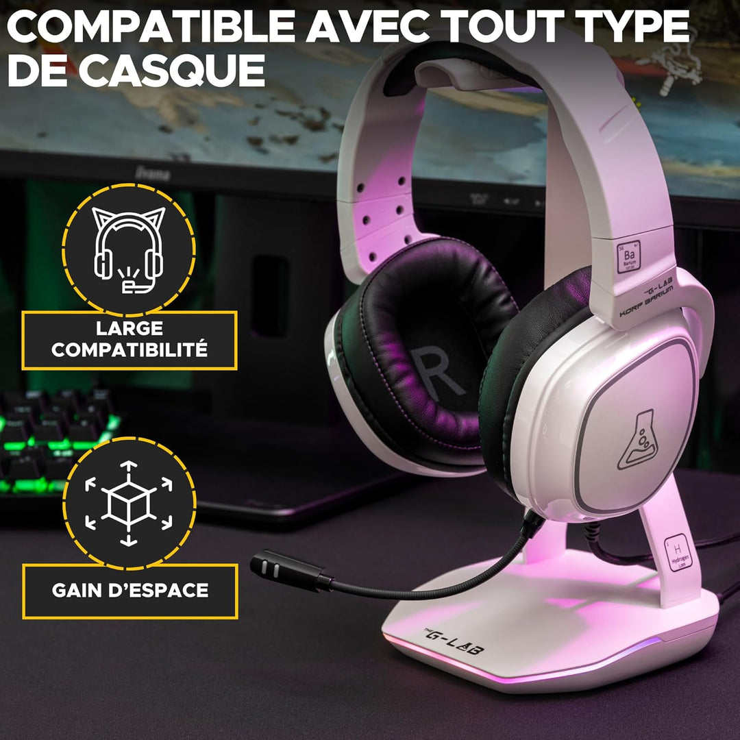 The G-lab – K-Stand Hydrogen – Gaming Kopfhörer Ständer – RGB mit 7 Farben, EIN/Aus-Schalter, 2X USB
