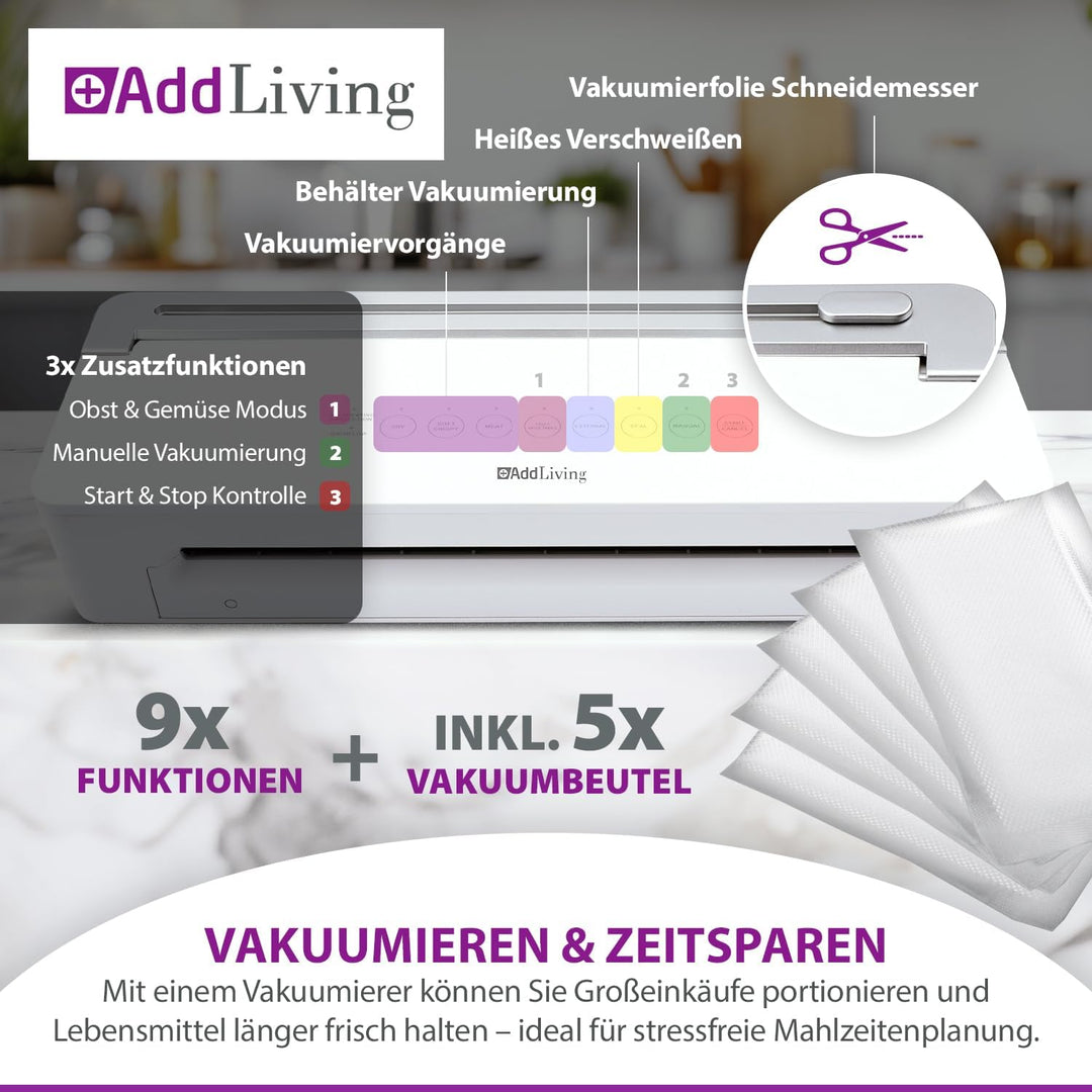 Vakuumierer | Vakuumiergerät für Lebensmittel | Inkl. 5 Vakuumbeutel (20 x 30 cm) | Vacuum Sealer Ma