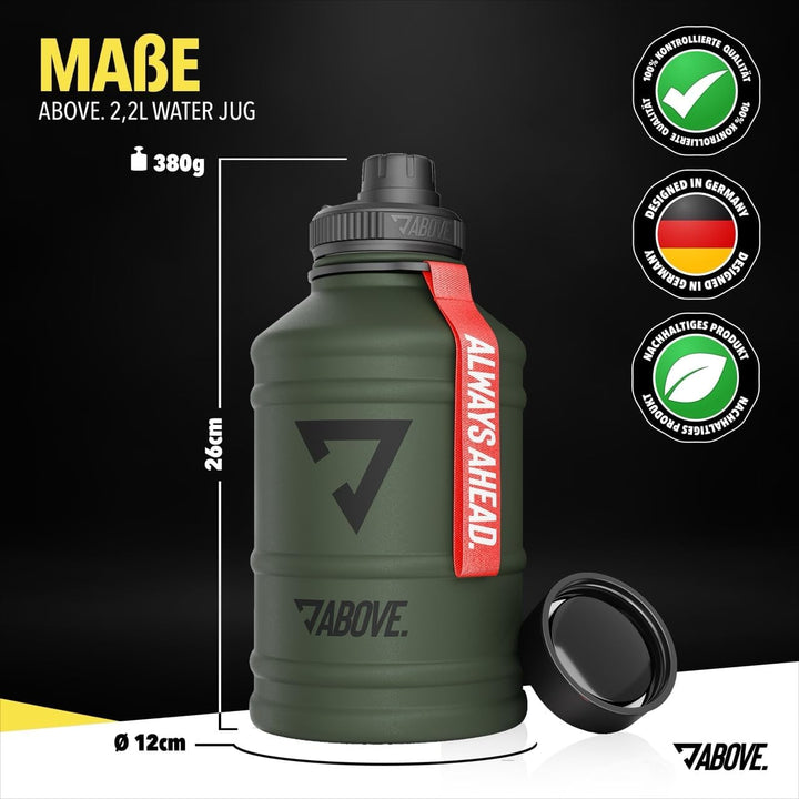 ABOVE. Edelstahl Trinkflasche 1.3L / 2.2L – BPA-frei, Auslaufsicher, Robuste Metallflasche mit Extra