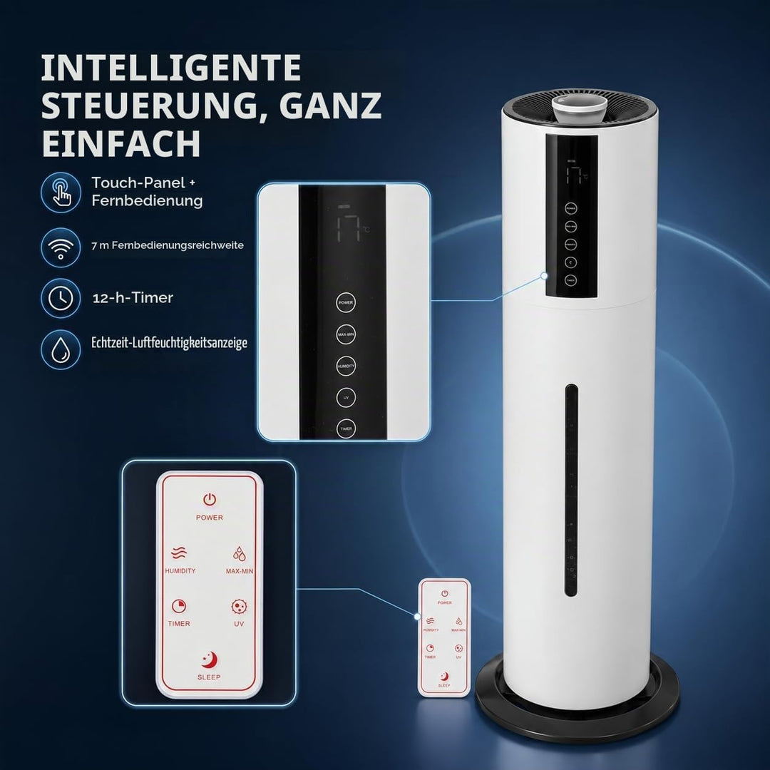 Luftbefeuchter 8L mit Fernbedienung, Raumluftbefeuchter mit 3 Nebelstufen, 360° verstellbar, 12h Tim