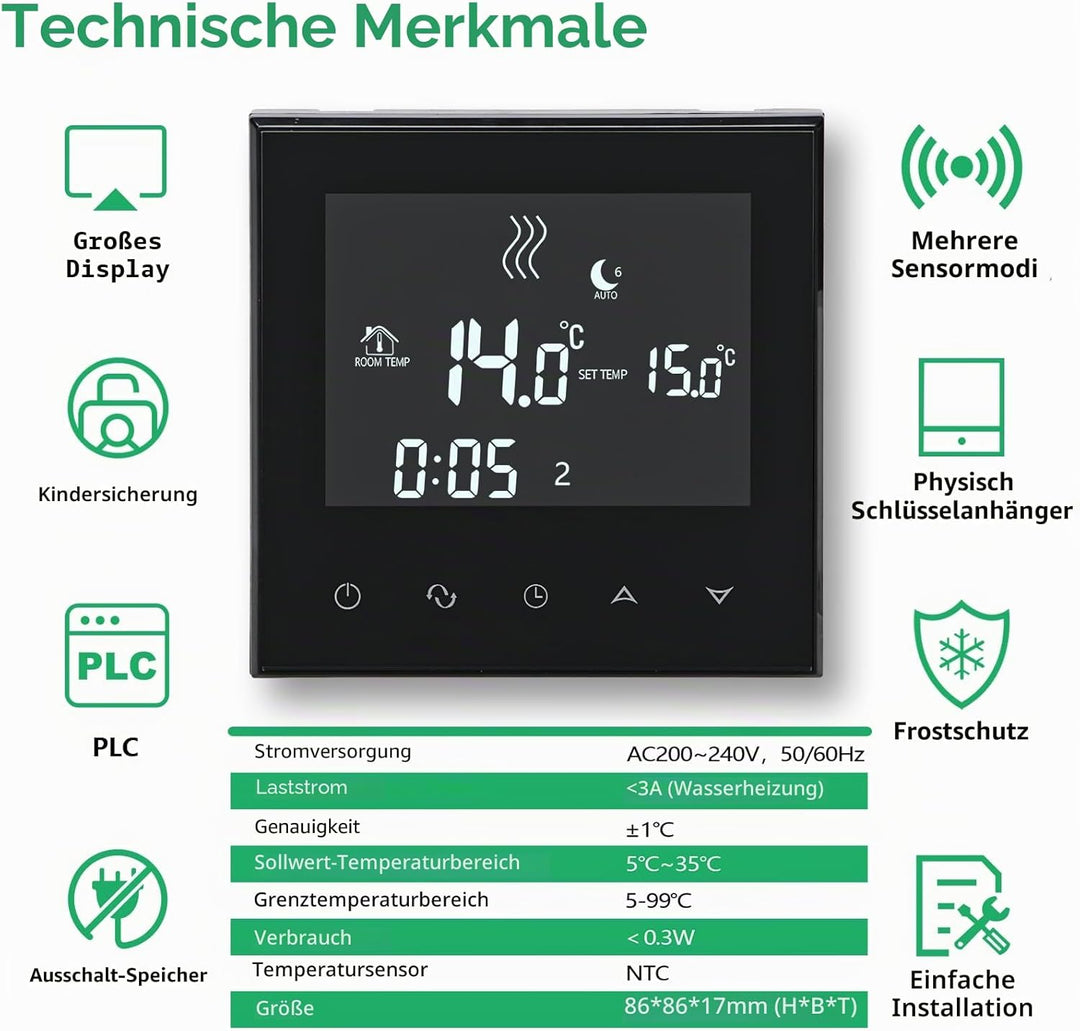 Wengart Home Thermostat programmierbar WG03-4, AC230V Max3A Touchscreen LCD Display Arbeit für Fussb