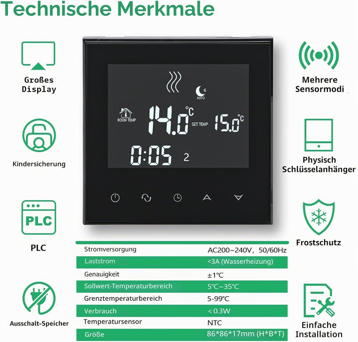 Wengart Home Thermostat programmierbar WG03-4, AC230V Max3A Touchscreen LCD Display Arbeit für Fussb