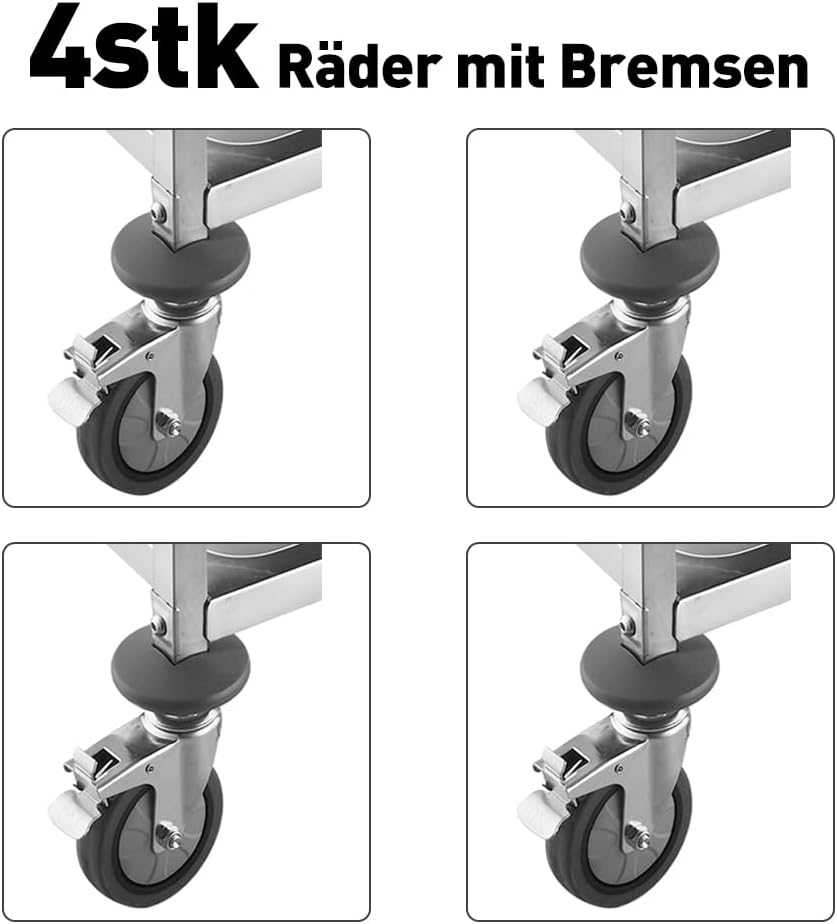 BPT Edelstahl Servierwagen Küchenwagen Mit Rollen,4-Rad-Bremsen mit Schalldämmung Für den Transport