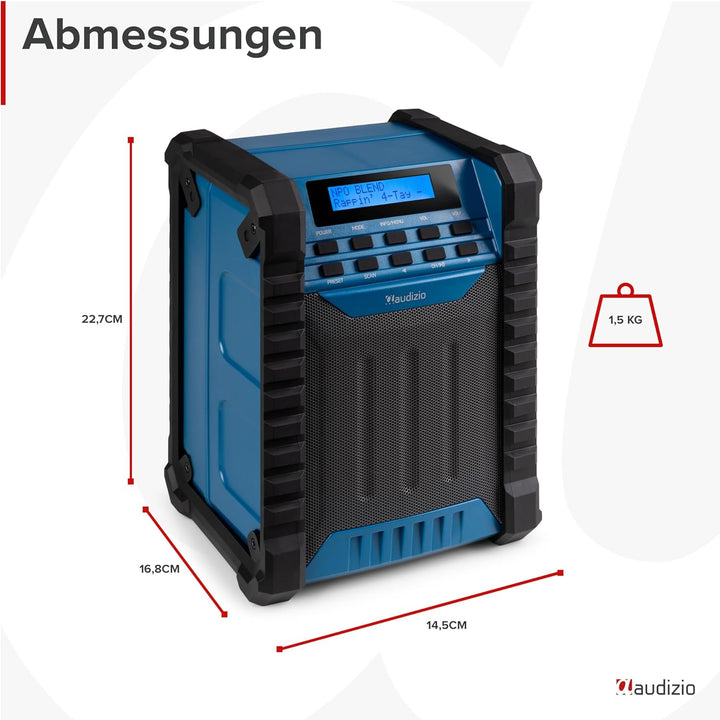 Audizio Jobsite - Baustellenradio DAB Plus Radio mit Bluetooth 5.0, Akku 8h, 100 Watt Leistung, IP54