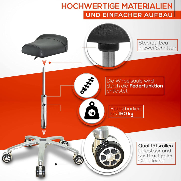 VAKON SALON - Breitsitz Arbeitshocker auf Rollen, höhenverstellbar von 55-75 cm - Drehhocker, Rollho