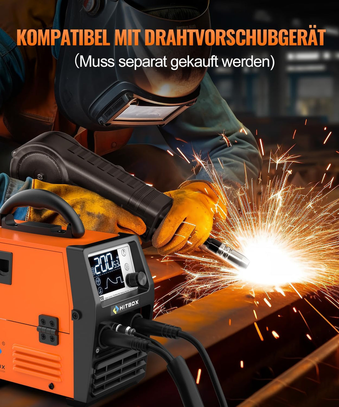 HITBOX Fülldraht Schweissgerät ohne Gas, 200A 230V Fülldraht Schweissgerät 4-in-1 Funktion Gasloses