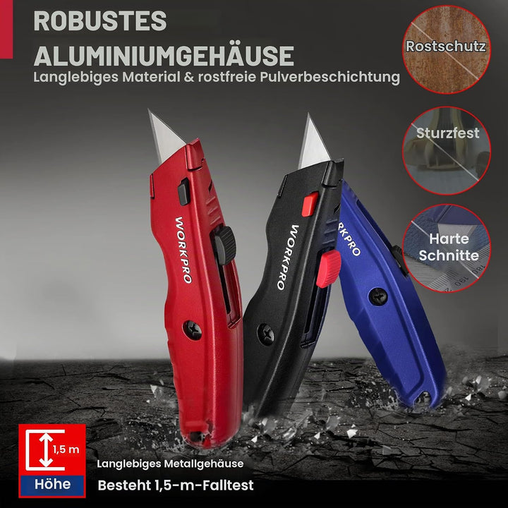 WORKPRO Premium Teppichmesser-Set, Einziehbarer Universalmesser aus Vollmetall, Strapazierfähiger Cu
