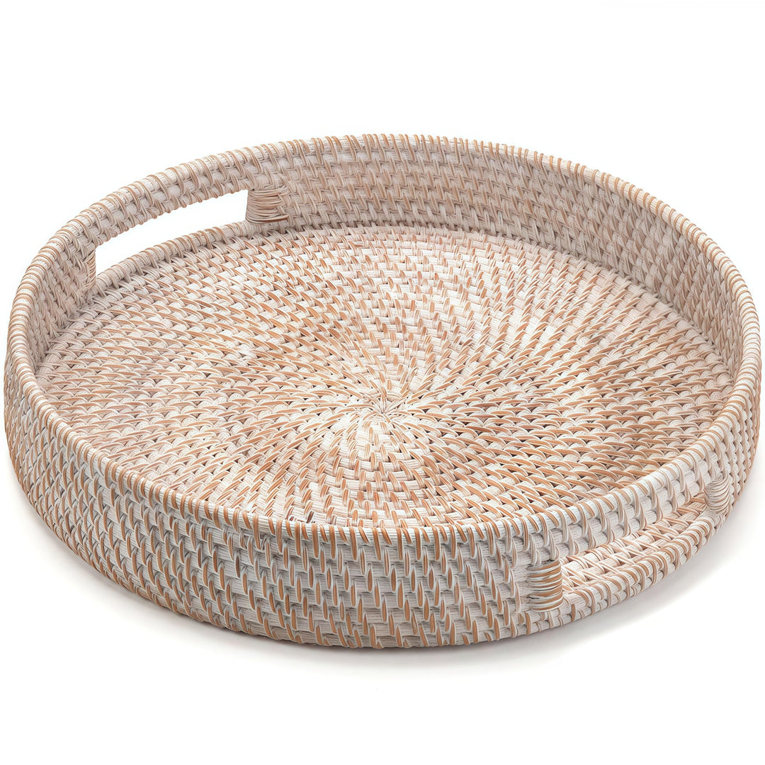 Rundes Rattan Serviertablett, Handgewebtes Serviertablett mit Griffen, Wicker Servierkorb, Dekorativ