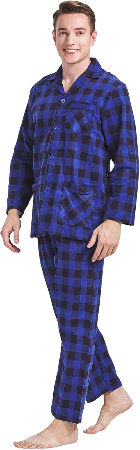 Amaxer Flanell Schlafanzug Herren 100% Baumwolle Pyjama mit Knopfleiste Set Lang Warmer Winter Schla