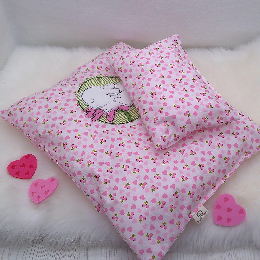 Puppenbettwäsche rosa Herzchen-Design, 4 Variaten, für Puppenwagen,-bett oder Puppenbuggy (Hase auf