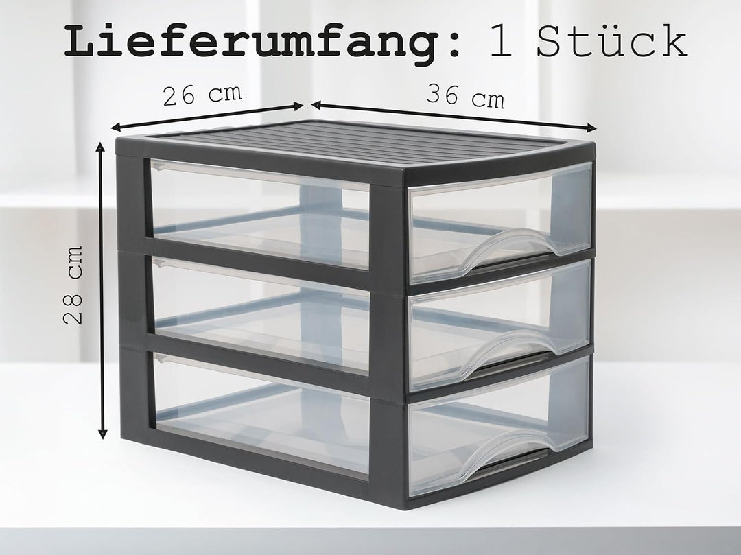 Hausfelder Schubladenbox A4 mit 3 Schubladen inkl. Aufkleber, Schubladenturm Box aus Kunststoff für