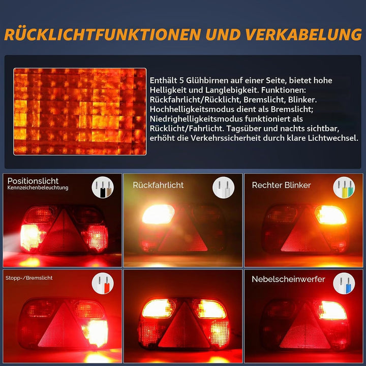 Yuanjoy 2 Pcs 12V LKW Rückleuchten 5-polig Bajonett Stecker, Anhängerbeleuchtung mit E mark Wohnwage
