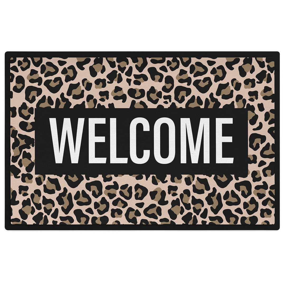 Trendation - Welcome Fussmatte Leopard Muster Willkommen Geschenk Aussen Innenbereich 60x40 cm Schmu