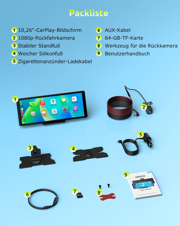 ESSGOO 10.26 Zoll Kabelloses CarPlay Display mit 4K Dashcam 1080P Rückfahrkamera Drahtloser Apple Ca