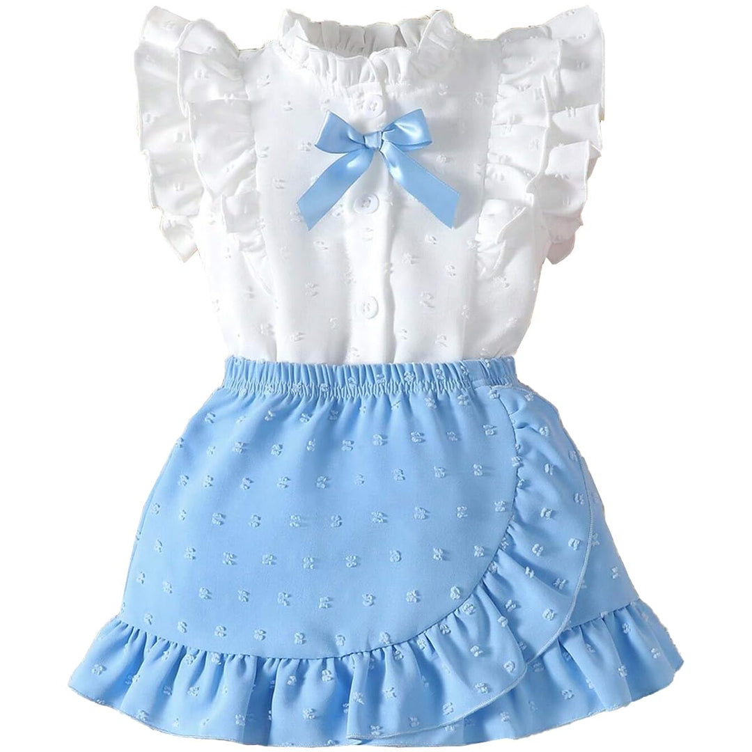 Baby Mädchen Rock Set Rüschen Ärmellose Bluse mit Schleife &amp; Eleganter Schweizer Punkten Rock 2Pcs S