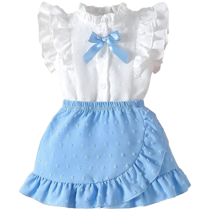 Baby Mädchen Rock Set Rüschen Ärmellose Bluse mit Schleife &amp; Eleganter Schweizer Punkten Rock 2Pcs S