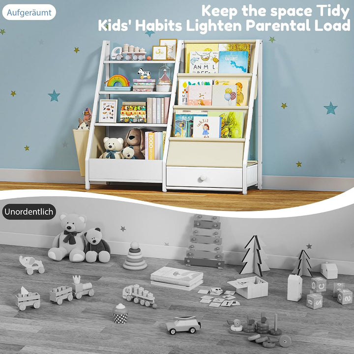 Quikraen Bücherregal Kinder, Kinderregal mit 4 Ablage und 3 Offenen Fächern, Montessori Bücherregal,