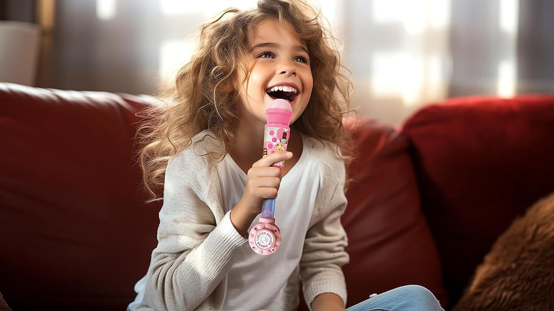 Lexibook, Barbie-Leuchtmikrofon für Kinder, Musikspielzeug, eingebauter Lautsprecher, Leuchteffekte,