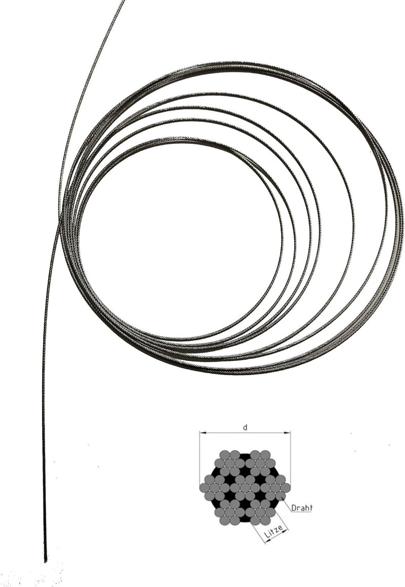 Drahtseil 2mm 50 Meter Geländerseil Edelstahl 7X7 EN 1.4401 mittelweich A4 NIRO, Nirosta 50 Meter Dr