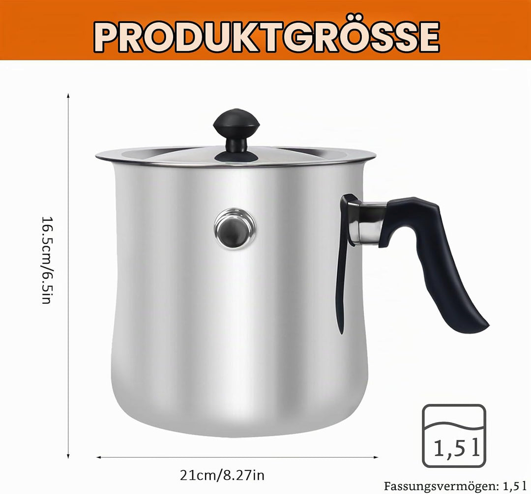 Doppelwandiger Milchtopf Induktion 1,5L, Edelstahl Wasserbad Topf mit Deckel und Pfeifton, Simmertop