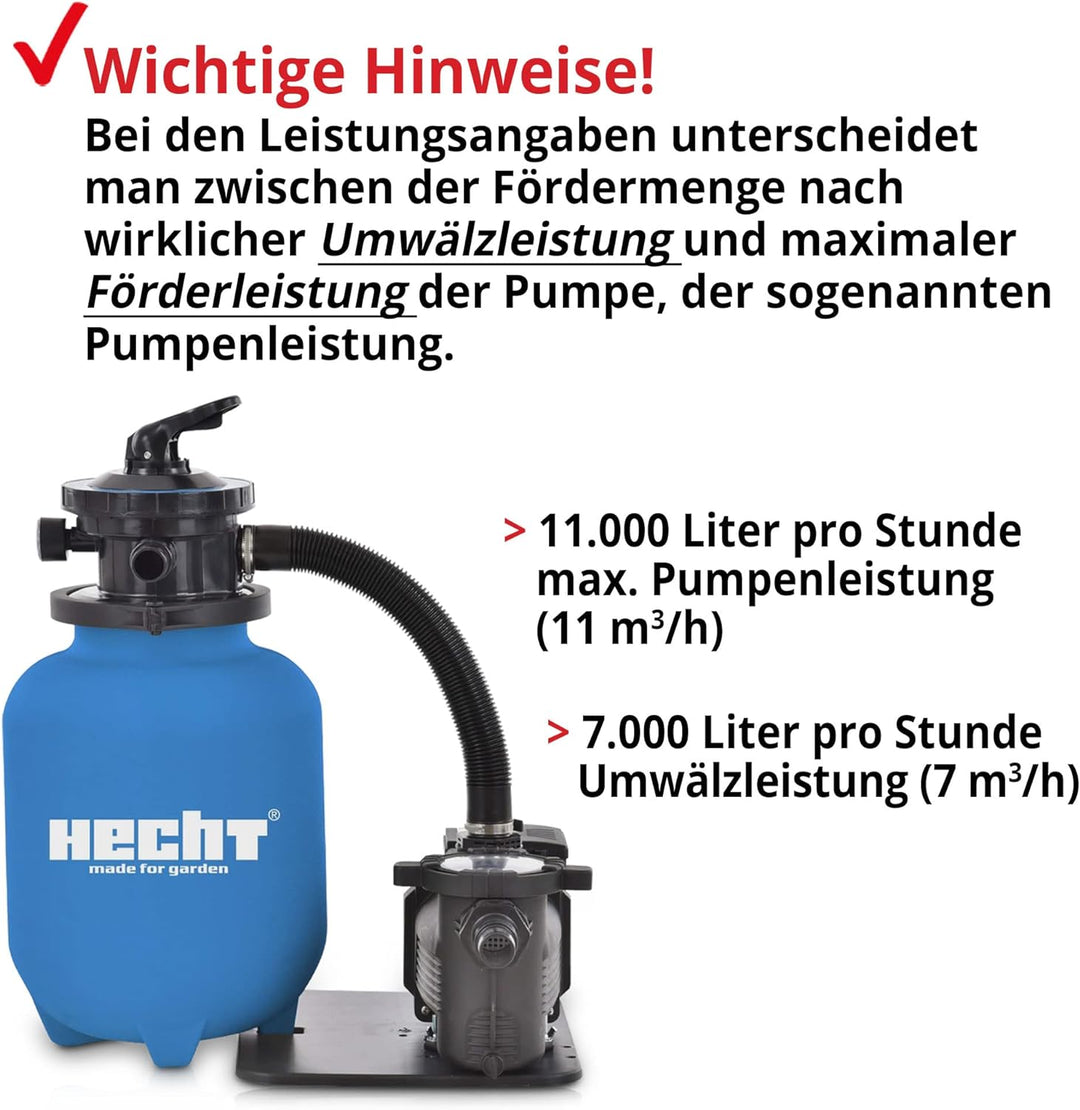 HECHT Sandfilter Sandfilteranlagen 11.000 Liter – Poolfilteranlage Sandfilterpumpe Reinigungspumpe f