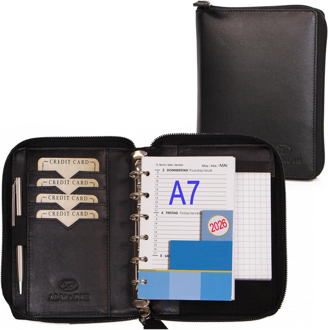 ALMADIH Leder A7 Organizer mit Reissverschluss Kalender 2024 Notizblock Premium Rindsleder Schwarz i