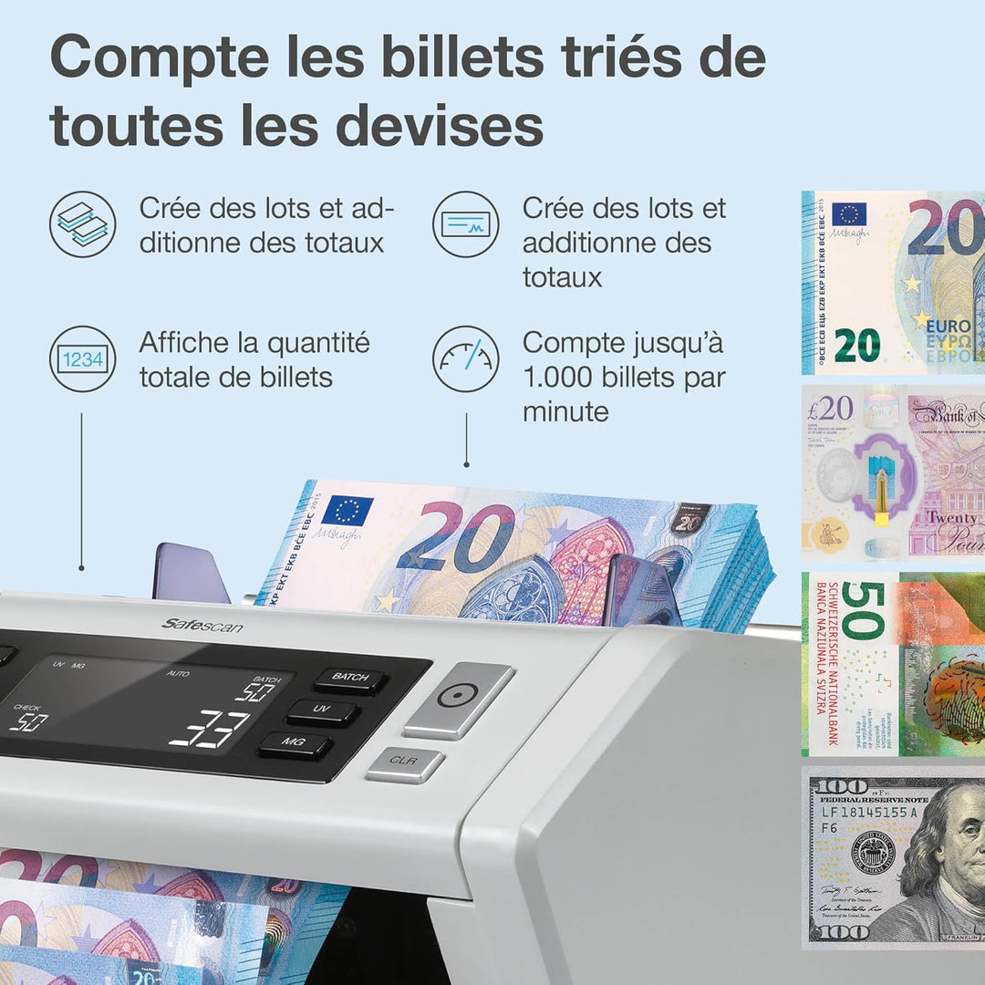 Safescan 2250 Geldzählmaschine, zählt sortierte Banknoten - Banknotenzähler mit 3-facher Echtheitspr