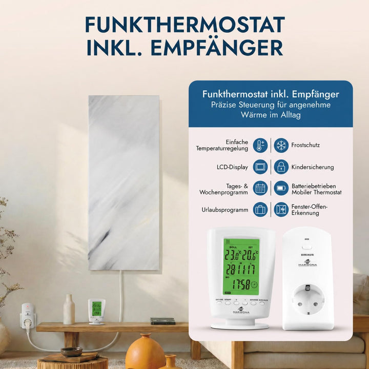 Marwona Naturstein Infrarotheizung 800 Watt mit Digitalthermostat I Energiesparende Infrarot Wandhei
