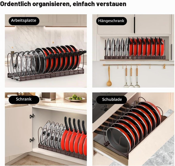 Housolution Pfannenhalter für Schublade, Erweiterbarer Topfdeckelhalter mit 14 Verstellbaren Teiler,