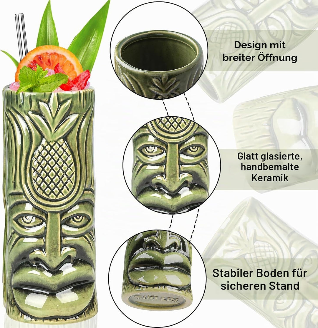 Tiki-Tassen-Set, Hawaii-Party-Becher aus Keramik mit Untersetzer, für Cocktails, hochwertiges Tassen