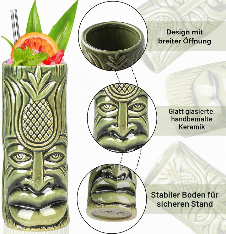 Tiki-Tassen-Set, Hawaii-Party-Becher aus Keramik mit Untersetzer, für Cocktails, hochwertiges Tassen
